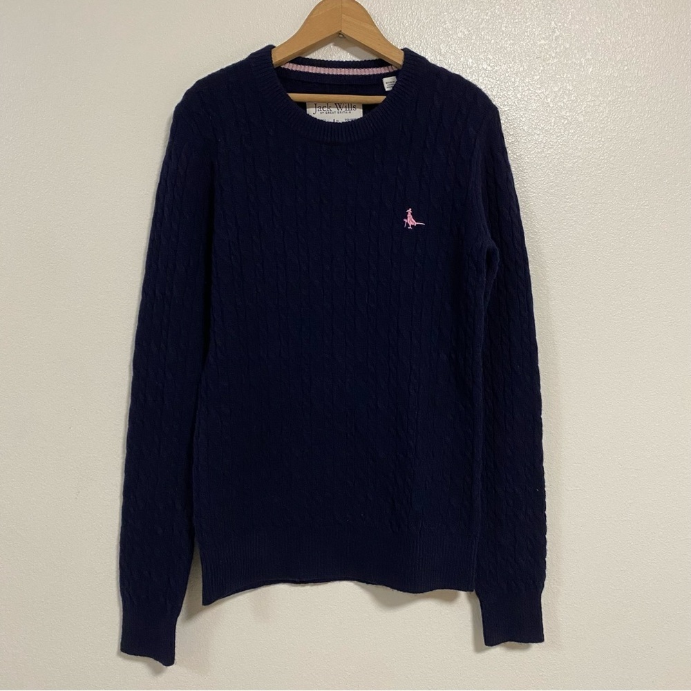 Jack Wills Sweater Women’s Size 4 Navy Cable knit Merino Wool Blend Sweater